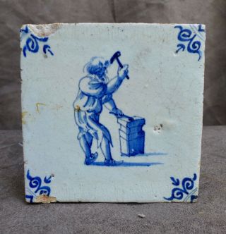 Antique Delftware Tile With A Blacksmith At Work,  Delft 17th.  Century
