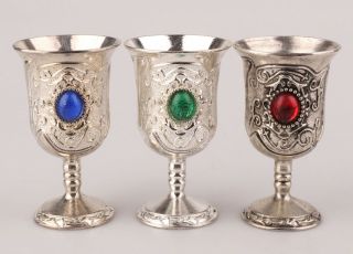 3 China Silver - Plated Wine Glass Cup Old Inlaid Gemstones Christma Gift