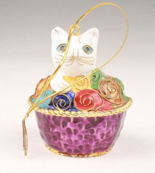 Unique Cloisonne Enamel Pendant Statue Animal Cat Basket Old Handmade Craft Gift