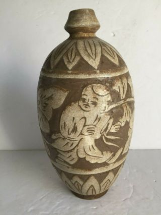Antique Carved Chinese Pottery Ceramic Vase Foliage Young Boy Walking