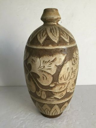 Antique Carved Chinese Pottery Ceramic Vase Foliage Young Boy Walking 5