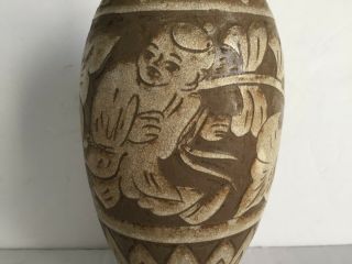 Antique Carved Chinese Pottery Ceramic Vase Foliage Young Boy Walking 6