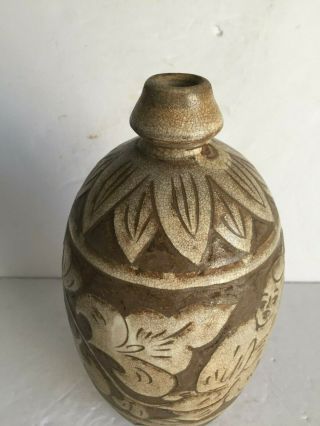 Antique Carved Chinese Pottery Ceramic Vase Foliage Young Boy Walking 8