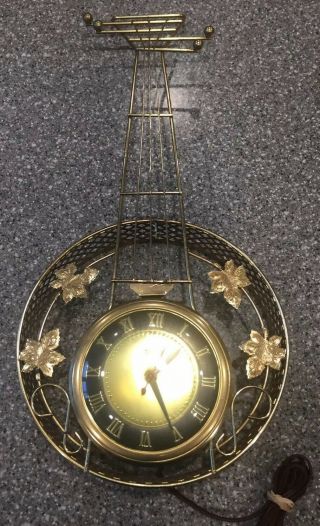 Mid Century 1950’s United Clock Co.  Gold Mandolin Banjo Guitar Wall Clock.  Usa
