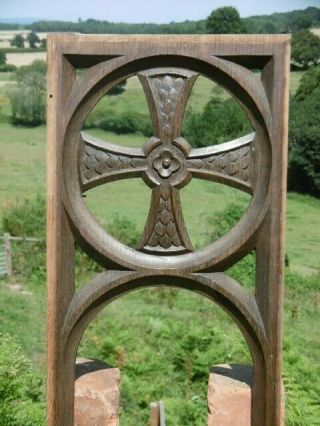 19thc Gothic Oak Carved Church Panel With Celtic Cross (2) C.  1850