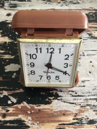 Vintage Westclox Travel Alarm Clock Brown Folding Case Key Wind Up Classic