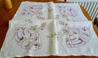 Vintage Hand Embroidered Irish Linen Crinoline Lady Tablecloth Vgc