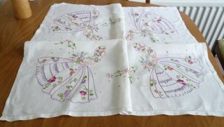 Vintage hand embroidered Irish linen Crinoline Lady tablecloth vgc 2