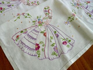 Vintage hand embroidered Irish linen Crinoline Lady tablecloth vgc 3