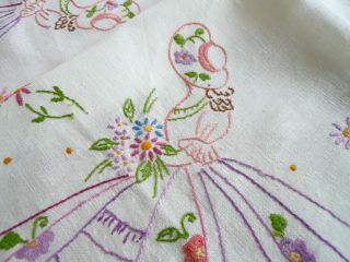 Vintage hand embroidered Irish linen Crinoline Lady tablecloth vgc 4