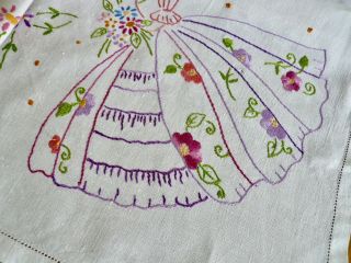 Vintage hand embroidered Irish linen Crinoline Lady tablecloth vgc 5