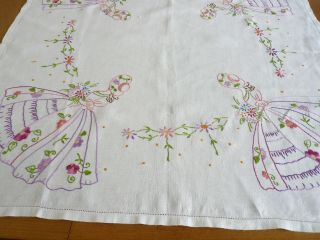 Vintage hand embroidered Irish linen Crinoline Lady tablecloth vgc 6