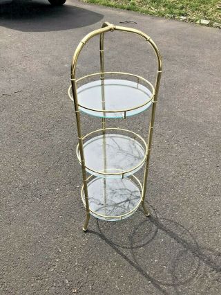 Hollywood Regency Gilt Faux Bamboo Plant Stand Mid Century Modern 3 Tier Glass