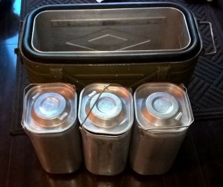 Vintage 1979 U.  S.  Military Army Food Cooler Container,  3 Metal Food Canisters 5