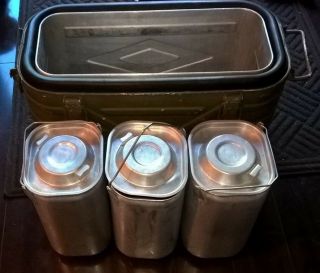 Vintage 1979 U.  S.  Military Army Food Cooler Container,  3 Metal Food Canisters 6