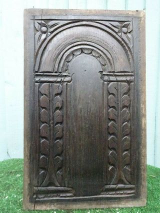 16thc Wooden Oak Relief Carved Panel: Arch With Flowers & Leaves C1590s