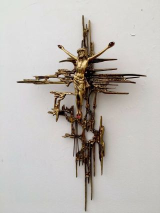 Brutalist Modernist Mid Century Brass Crucifix Jesus Symbolism Religion 21’ Dali 2