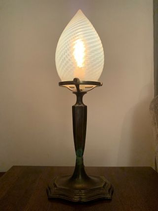 Antique Bronze Art Nouveau Lamp Base Opalescent Bullet Swirl Shade Rewired