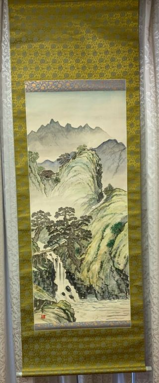 Japanese Hanging Scroll Mountain Landscape Of Summer Hand Painting Kakejiku H2