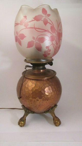 Antique 1900s Bradley Hubbard Arts & Craft Lamp.  Hammered Copper Floral Glass Nr