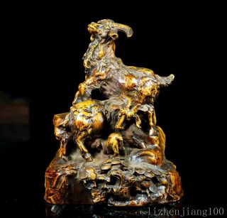 Collect China Antique Boxwood Carve Goat & Scenery Delicate Interesting Statue