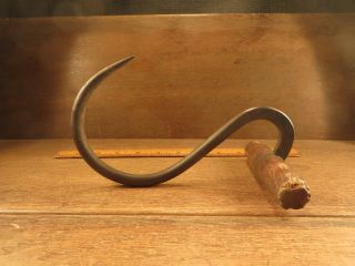 Antique Vintage Odd Shaped J.  W.  Mclean Hay / Meat Hook Wrought Iron Wood Handle
