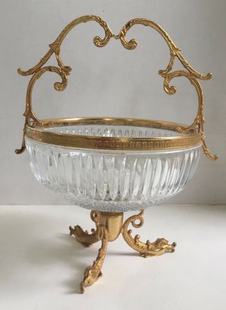 Antique Pressed Glass Bowl In French Gold Gilt Ormolu Stand - Ornate Figural Fish