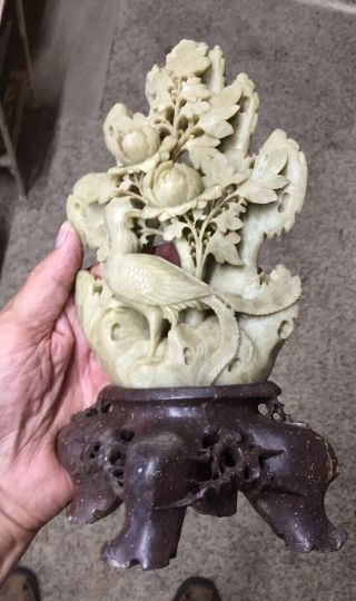 Vintage Handcarved Chinese Soapstone Carving Pheasant And Leaves Carved Base