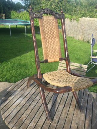 Antique Hardwood Folding Campaign Chair R Cooper Detail Carving & Bone C1870