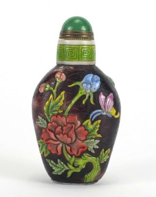 Chinese Peking Cameo Glass Snuff Bottle With Jade Stopper - 8.  5cm Tall