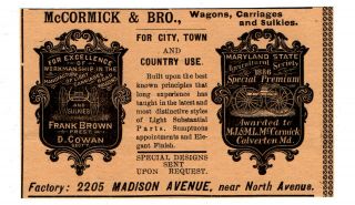 1893 Mccormick & Bro Wagon Builder,  Baltimore,  Maryland Carriage Advertisement