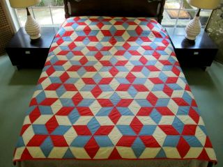 Red White & Blue Vintage Hand Pieced & Quilted Hexie Star Tumbling Blocks Quilt