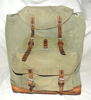 Vintage 1955 Swiss Army Salt & Pepper Canvas & Leather Rucksack Backpack