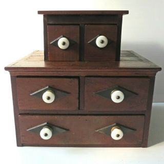 Antique Folk Art Wooden Box With 5 Drawers
