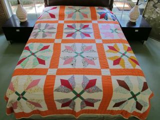 Needs Tlc : Vintage Feed Sack Hand Pieced & Quilted Four Tulips Quilt,  98 " X 75 "