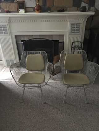 Pair White Russell Woodard Sculptura Iron Wire Armchairs With Vintage Chair Pads