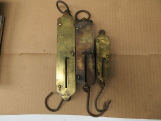 3 Vintage Antique Assorted Brass Hanging Spring Scales Sargent P S & W