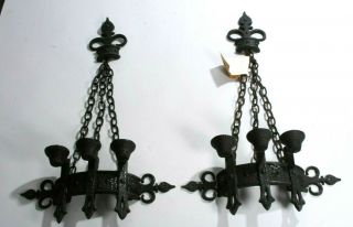 Vtg Pair Sexton Wall Sconce Cast Iron Candle Holder Chain Gothic Medieval