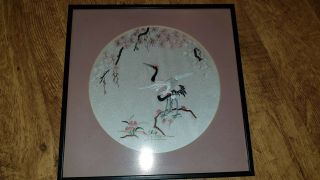 Vintage Framed Japanese Embroidery On Silk / Crane In Blossom Vgc