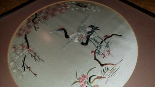 VINTAGE FRAMED JAPANESE EMBROIDERY ON SILK / CRANE IN BLOSSOM VGC 3