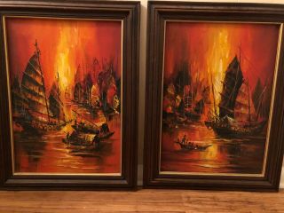 2 Thailand Mid Century Modern Oil Paintings Boats Ships Asian Mcm