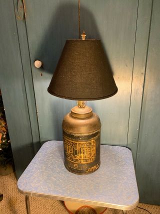 Rare Antique Vintage 1850s Parnall & Sons Tobacco Tea Tin Canister Lamp W/ Shade
