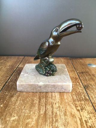 FRENCH ART DECO MARBLE BRONZE LOOK TOUCAN DESK PAPERWEIGHT SCULPTURE SIGNED TEDD 7