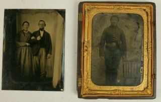 1/4 Plate Tintype Of Light Artilley Corporal Plus Tintype Of Him & Wife