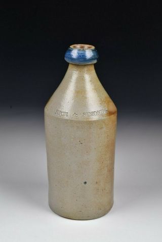 Rice & Simonds Blue Top Stoneware Beer Bottle 19th Century