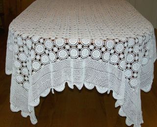 Spectacular Crochet Lace Tablecloth,  118 " Banquet Sized Snow White & Stunning