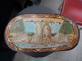 Wood Naive Platter Wood Painted With Leopards At A Pool 42 X 20 X 2 Cm