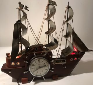 Vintage United Electric Sailing Ship Clock W/ Lighted Sails Tv Light 18” Long