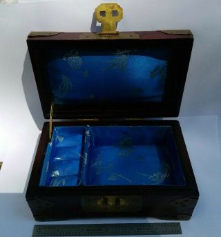 ROSEWOOD BRASS SHANGHAI CHINA JEWELRY BOX CARVED JADE BIRDS BLUE SILK INTERIOR 2