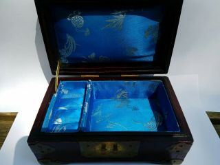 ROSEWOOD BRASS SHANGHAI CHINA JEWELRY BOX CARVED JADE BIRDS BLUE SILK INTERIOR 3